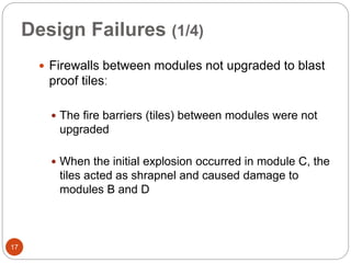 Design Failures (1/4)
 Firewalls between modules not upgraded to blast
proof tilesː
 The fire barriers (tiles) between modules were not
upgraded
 When the initial explosion occurred in module C, the
tiles acted as shrapnel and caused damage to
modules B and D
17
 
