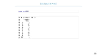 Extract Column By Position
ecom_mini[2]
## # A tibble: 10 x 1
## n_pages
## <dbl>
## 1 5
## 2 17
## 3 18
## 4 5
## 5 16
## 6 6
## 7 13
## 8 10
## 9 14
## 10 1
27
 