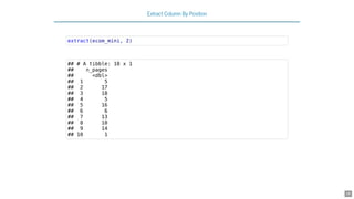 Extract Column By Position
extract(ecom_mini, 2)
## # A tibble: 10 x 1
## n_pages
## <dbl>
## 1 5
## 2 17
## 3 18
## 4 5
## 5 16
## 6 6
## 7 13
## 8 10
## 9 14
## 10 1
28
 