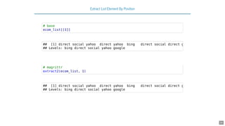 Extract List Element By Position
# base
ecom_list[[1]]
## [1] direct social yahoo direct yahoo bing direct social direct g
## Levels: bing direct social yahoo google
# magrittr
extract2(ecom_list, 1)
## [1] direct social yahoo direct yahoo bing direct social direct g
## Levels: bing direct social yahoo google
34
 