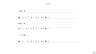 Addition
1:10 + 1
## [1] 2 3 4 5 6 7 8 9 10 11
add(1:10, 1)
## [1] 2 3 4 5 6 7 8 9 10 11
`+`(1:10, 1)
## [1] 2 3 4 5 6 7 8 9 10 11
37
 
