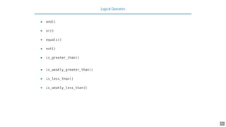Logical Operators
and()
or()
equals()
not()
is_greater_than()
is_weakly_greater_than()
is_less_than()
is_weakly_less_than()
•
•
•
•
•
•
•
•
41
 