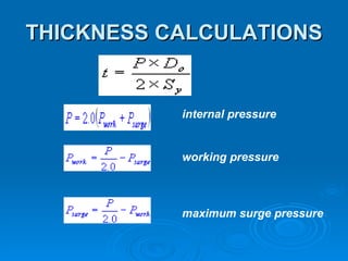 THICKNESS CALCULATIONS                          internal pressure                       working pressure                       maximum surge pressure 