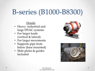 B-series (B1000-B8300)
Details
• Heavy industrial and
large HVAC systems
• For larger loads
(vertical & lateral)
• For larger movements
• Supports pipe from
below (base mounted)
• Slide plates & guides
included
Pipe Shields Inc.
www.pipeshieldsinc.com
 