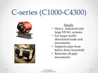 C-series (C1000-C4300)
Details
• Heavy industrial and
large HVAC systems
• For larger multi-
directional loads and
movements.
• Supports pipe from
below (base mounted)
• Restrains all pipe
movements
Pipe Shields Inc.
www.pipeshieldsinc.com
 