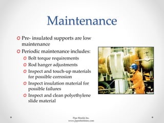 Maintenance
Pipe Shields Inc.
www.pipeshieldsinc.com
O Pre- insulated supports are low
maintenance
O Periodic maintenance includes:
O Bolt torque requirements
O Rod hanger adjustments
O Inspect and touch-up materials
for possible corrosion
O Inspect insulation material for
possible failures
O Inspect and clean polyethylene
slide material
 