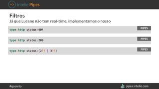 Filtros 
Já que Lucene não tem real-time, implementamos o nosso 
type:http status:404 
PIPES 
type:http status:200 PIPES 
...