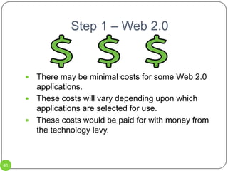 Step 1 – SMART BoardsAnother early step will be in relation to SMART Boards.The district has purchased SMART Boards for every classroom.  The interactive white boards are an asset to classrooms, but they are not being used to their full potential.  Teachers have not received enough training on their use in the classroom.The SMART Boards are mainly being used as overpriced white boards.Our students have grown up in a digital world.  By using the SMART Boards to their full extent, we offer them a chance to learn in a way that fits their background better.32