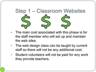 Step 1 – SMART BoardsOn-site training from SW/WC Service Cooperative costs $65 / hour plus mileage at the federal mileage rate.Level I training at the SW/WC Service Cooperative office costs $100 / person.Level II training at the SW/WC Service Cooperative office costs $100 / person.  These costs would be paid for with money from the technology levy.  34