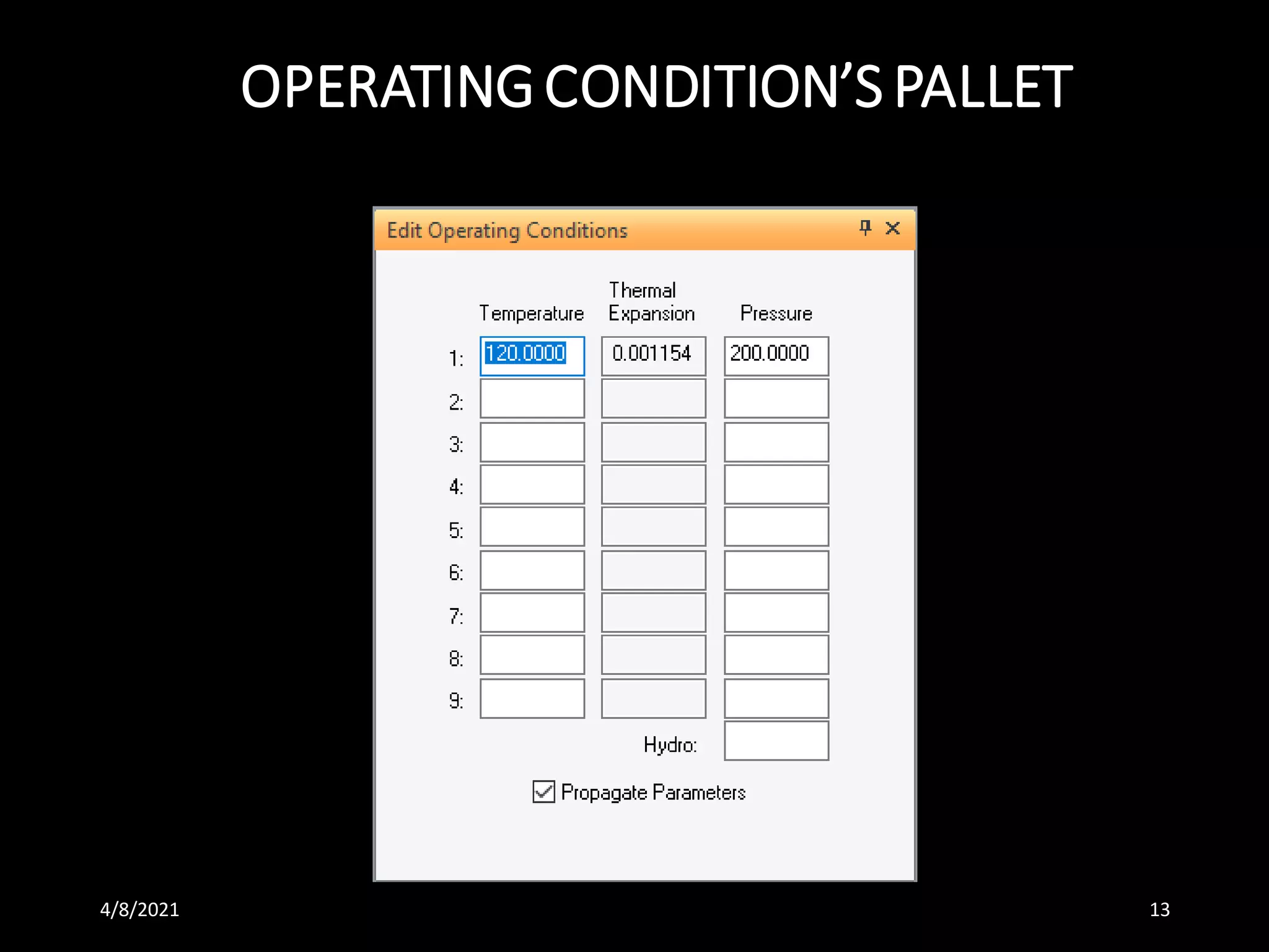 OPERATINGCONDITION’SPALLET
4/8/2021 13
 