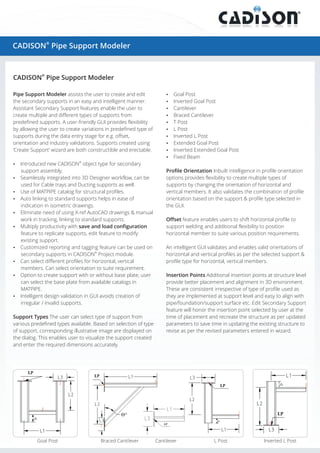 ®
CADISON Pipe Support Modeler
®
CADISON Pipe Support Modeler
Pipe Support Modeler assists the user to create and edit ?Goal Post
the secondary supports in an easy and intelligent manner. ?Inverted Goal Post
Assistant Secondary Support features enable the user to ?Cantilever
create multiple and different types of supports from ?Braced Cantilever
predefined supports. A user-friendly GUI provides flexibility ?T Post
by allowing the user to create variations in predefined type of ?L Post
supports during the data entry stage for e.g. offset, ?Inverted L Post
orientation and industry validations. Supports created using ?Extended Goal Post
‘Create Support’ wizard are both constructible and erectable. ?Inverted Extended Goal Post
?Fixed Beam
®
?Introduced new CADISON object type for secondary
support assembly. Profile Orientation Inbuilt intelligence in profile orientation
?Seamlessly integrated into 3D Designer workflow, can be options provides flexibility to create multiple types of
used for Cable trays and Ducting supports as well. supports by changing the orientation of horizontal and
?Use of MATPIPE catalog for structural profiles. vertical members. It also validates the combination of profile
?Auto linking to standard supports helps in ease of orientation based on the support & profile type selected in
indication in isometric drawings. the GUI.
?Eliminate need of using X-ref AutoCAD drawings & manual
work in tracking, linking to standard supports. Offset feature enables users to shift horizontal profile to
?Multiply productivity with save and load configuration support welding and additional flexibility to position
feature to replicate supports, edit feature to modify horizontal member to suite various position requirements.
existing support.
?Customized reporting and tagging feature can be used on An intelligent GUI validates and enables valid orientations of
®
secondary supports in CADISON Project module. horizontal and vertical profiles as per the selected support &
?Can select different profiles for horizontal, vertical profile type for horizontal, vertical members.
members. Can select orientation to suite requirement.
?Option to create support with or without base plate, user Insertion Points Additional insertion points at structure level
can select the base plate from available catalogs in provide better placement and alignment in 3D environment.
MATPIPE. These are consistent irrespective of type of profile used as
?Intelligent design validation in GUI avoids creation of they are implemented at support level and easy to align with
irregular / invalid supports. pipe/foundation/support surface etc. Edit Secondary Support
feature will honor the insertion point selected by user at the
Support Types The user can select type of support from time of placement and recreate the structure as per updated
various predefined types available. Based on selection of type parameters to save time in updating the existing structure to
of support, corresponding illustrative image are displayed on revise as per the revised parameters entered in wizard.
the dialog. This enables user to visualize the support created
and enter the required dimensions accurately.
Goal Post Braced Cantilever Cantilever L Post Inverted L Post
 