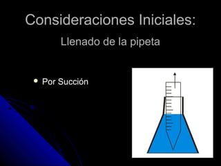 Consideraciones Iniciales:Consideraciones Iniciales:
 Por Succión
Llenado de la pipetaLlenado de la pipeta
 