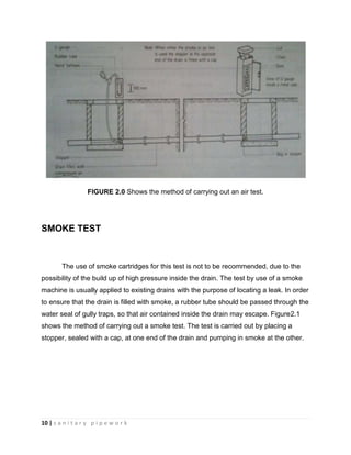 10 | s a n i t a r y p i p e w o r k
FIGURE 2.0 Shows the method of carrying out an air test.
SMOKE TEST
The use of smoke cartridges for this test is not to be recommended, due to the
possibility of the build up of high pressure inside the drain. The test by use of a smoke
machine is usually applied to existing drains with the purpose of locating a leak. In order
to ensure that the drain is filled with smoke, a rubber tube should be passed through the
water seal of gully traps, so that air contained inside the drain may escape. Figure2.1
shows the method of carrying out a smoke test. The test is carried out by placing a
stopper, sealed with a cap, at one end of the drain and pumping in smoke at the other.
 
