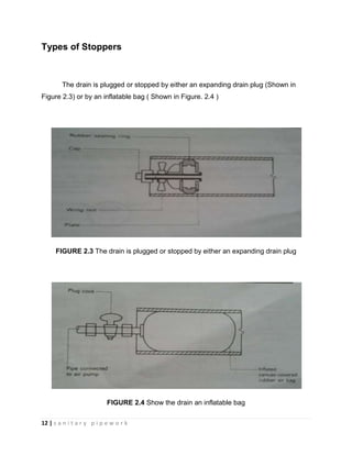 12 | s a n i t a r y p i p e w o r k
Types of Stoppers
The drain is plugged or stopped by either an expanding drain plug (Shown in
Figure 2.3) or by an inflatable bag ( Shown in Figure. 2.4 )
FIGURE 2.3 The drain is plugged or stopped by either an expanding drain plug
FIGURE 2.4 Show the drain an inflatable bag
 