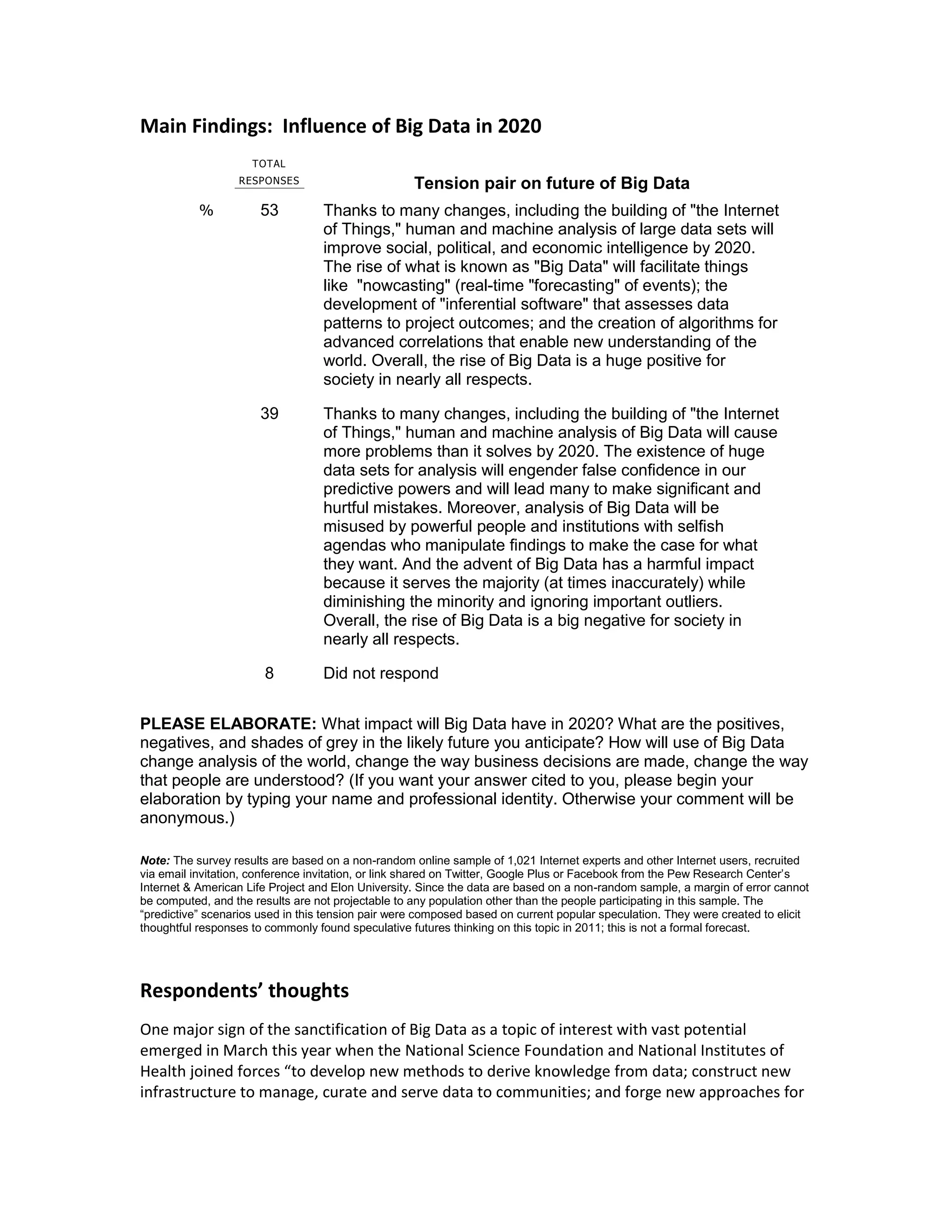 Main Findings: Influence of Big Data in 2020
                     TOTAL
                  RESPONSES                         Tension pair on future of Big Data
           %           53          Thanks to many changes, including the building of "the Internet
                                   of Things," human and machine analysis of large data sets will
                                   improve social, political, and economic intelligence by 2020.
                                   The rise of what is known as "Big Data" will facilitate things
                                   like "nowcasting" (real-time "forecasting" of events); the
                                   development of "inferential software" that assesses data
                                   patterns to project outcomes; and the creation of algorithms for
                                   advanced correlations that enable new understanding of the
                                   world. Overall, the rise of Big Data is a huge positive for
                                   society in nearly all respects.

                       39          Thanks to many changes, including the building of "the Internet
                                   of Things," human and machine analysis of Big Data will cause
                                   more problems than it solves by 2020. The existence of huge
                                   data sets for analysis will engender false confidence in our
                                   predictive powers and will lead many to make significant and
                                   hurtful mistakes. Moreover, analysis of Big Data will be
                                   misused by powerful people and institutions with selfish
                                   agendas who manipulate findings to make the case for what
                                   they want. And the advent of Big Data has a harmful impact
                                   because it serves the majority (at times inaccurately) while
                                   diminishing the minority and ignoring important outliers.
                                   Overall, the rise of Big Data is a big negative for society in
                                   nearly all respects.

                       8           Did not respond


PLEASE ELABORATE: What impact will Big Data have in 2020? What are the positives,
negatives, and shades of grey in the likely future you anticipate? How will use of Big Data
change analysis of the world, change the way business decisions are made, change the way
that people are understood? (If you want your answer cited to you, please begin your
elaboration by typing your name and professional identity. Otherwise your comment will be
anonymous.)

Note: The survey results are based on a non-random online sample of 1,021 Internet experts and other Internet users, recruited
via email invitation, conference invitation, or link shared on Twitter, Google Plus or Facebook from the Pew Research Center’s
Internet & American Life Project and Elon University. Since the data are based on a non-random sample, a margin of error cannot
be computed, and the results are not projectable to any population other than the people participating in this sample. The
“predictive” scenarios used in this tension pair were composed based on current popular speculation. They were created to elicit
thoughtful responses to commonly found speculative futures thinking on this topic in 2011; this is not a formal forecast.




Respondents’ thoughts
One major sign of the sanctification of Big Data as a topic of interest with vast potential
emerged in March this year when the National Science Foundation and National Institutes of
Health joined forces “to develop new methods to derive knowledge from data; construct new
infrastructure to manage, curate and serve data to communities; and forge new approaches for
 