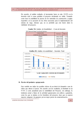 PIP:
“INSTALACIÓN DEL SERVICIO DE AGUA DEL SISTEMA DE RIEGO TECNIFICADO HUARIJUYO EN
EL DISTRITO DE PICHACANI – LARAQUERI, PROVINCIA Y REGIÓN PUNO”
GOBIERNO REGIONALPUNO | PRORRIDRE 154
De acuerdo, al análisis realizado, al incrementar hasta en más 19.55% en la
inversión total si causa pérdidas al proyecto declarando no viable. Tomando
como base la estabilidad de precios de los materiales de construcción y equipo
requeridos en la ejecución de las obras necesarias para la implementación del
sistema de riego, diremos que, no es probable que este factor altere la
viabilidad del proyecto.
Cuadro 94: Análisis de Sensibilidad – Costo de Inversión
Grafico 01: Análisis de sensibilidad – Inversión Total
B. Precios del producto agropecuario
Esta variable nos indica los posibles efectos de un shock de demanda o uno de
oferta que alteren el precio. De acuerdo con los resultados, al disminuir en un
9.72% si sería perjudicial para la rentabilidad del Proyecto, sin embargo, la
tendencia actual y futura de la actividad agropecuaria con cultivos y ganadería,
como los que se plantea en los beneficios del proyecto, hace que se esperen
mayores márgenes de ganancia por un mejor precio de comercialización.
PIP: Sistema de Riego Tecnificado Huarijuyo
VARIACIÓN
COSTOS DE INVERSIÓN
-20.00% 3,993,778.80 11.28
-10.00% 2,983,997.89 10.67
0.00% 1,974,216.97 10.09
10.00% 964,436.05 9.52
19.55% 0.00 9.00
20.00% -45,344.86 8.98
30.00% -1,055,125.78 8.45
VAN (S/.) TIR (%)
 