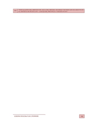 PIP:
“INSTALACIÓN DEL SERVICIO DE AGUA DEL SISTEMA DE RIEGO TECNIFICADO HUARIJUYO EN
EL DISTRITO DE PICHACANI – LARAQUERI, PROVINCIA Y REGIÓN PUNO”
GOBIERNO REGIONALPUNO | PRORRIDRE 162
 