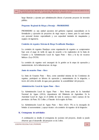 PIP:
“INSTALACIÓN DEL SERVICIO DE AGUA DEL SISTEMA DE RIEGO TECNIFICADO HUARIJUYO EN
EL DISTRITO DE PICHACANI – LARAQUERI, PROVINCIA Y REGIÓN PUNO”
GOBIERNO REGIONALPUNO | PRORRIDRE 31
luego financiar y ejecutar por administración directa el presente proyecto de inversión
pública.
Programa Regional de Riego y Drenaje – PRORRIDRE
PRORRIDRE es una unidad ejecutora del gobierno regional, especializado en la
formulación y ejecución de proyectos de riego mayor y menor; para lo cual cuenta
con personal técnico especializado y con capacidad instalada de maquinarias y
equipos de ingeniería.
Comisión de regantes Sistema de Riego Tecnificado Huarijuyo
La comisión de regantes Huarijuyo como organización de regantes se comprometen
bajo acta el pago de tarifa de agua de acuerdo a los reglamentos de la Junta de
Usuarios y la Administración Local de Aguas Puno - Ilave y la ley de recursos
hídricos (Ley-29338)
La comisión de regantes será encargará de la gestión en la etapa de operación y
mantenimiento de la infraestructura de riego.
Junta de usuarios Puno - Ilave
La Junta de Usuarios Puno – Ilave, como autoridad máxima de las Comisiones de
regantes, participará en labores de operación y mantenimiento de la irrigación, a
través del cobro de tarifa de agua para garantizar la sostenibilidad del proyecto.
Administración Local de Aguas Puno – Ilave
La Administración Local de Aguas Puno – Ilave forma parte de la Autoridad
Nacional de Aguas (ANA), dependencia del Ministerio de Agricultura. Es la
Autoridad Local de Agua en el ámbito de toda la cuenca y micro cuencas de las
provincias de Puno, EL Collao y Chucuito de la región de Puno.
La Administración Local de Aguas Puno - Ilave (ALA- PI) es la encargada de
brindar el asesoramiento y apoyo técnico a la comisión de regantes de la Irrigación
K. Cronograma de actividades
A continuación se detalla el cronograma de acciones del proyecto, donde se puede
observar que el desarrollo del proyecto es de 2 años.
 
