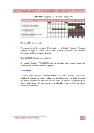 PIP:
“INSTALACIÓN DEL SERVICIO DE AGUA DEL SISTEMA DE RIEGO TECNIFICADO HUARIJUYO EN
EL DISTRITO DE PICHACANI – LARAQUERI, PROVINCIA Y REGIÓN PUNO”
GOBIERNO REGIONALPUNO | PRORRIDRE 32
Cuadro 09: Cronograma de actividades del proyecto
Responsables del proyecto
El responsable de la ejecución del proyecto es la Unidad Ejecutora: Programa
Regional de Riego y Drenaje PRORRIDRE, para lo cual cuenta con diferentes
Direcciones de Línea y órganos de apoyo.
Disponibilidad de recursos necesarios
La Unidad Ejecutora PRORRIDRE para la ejecución del proyecto cuenta con
disponibilidad de recurso humano y logístico.
L. Marco lógico
El marco lógico ha sido formulado teniendo en cuenta la lógica vertical que
establece la relación de causa – efecto con el nivel superior y la lógica horizontal
que permite establecer las relaciones causales entre los objetivos del proyecto y los
factores del entorno. De esta manera se ha obtenido el marco lógico, el cual se
muestra a continuación:
PIP: Sistema de Riego Tecnificado Huarijuyo
1 2 3 4 5 6 7 8 9 10 11 12 1 2 3 4 5 6 7 8 9 10 11 12
1.0 ESTUDIOS DEFINITIVOS (Expediente Técnico)
2.0 CONSTRUCCION DE LA PRESA MOLLA
3.0 CONSTRUCCION DE CANAL PRINCIPAL
4.0 CONSTRUCCION DE CANALES LATERALES
5.0 INSTALACIÓN DEL SISTEMA DE RIEGO POR ASPERSIÓN
6.0 PROGRAMA DE CAPACITACIÓN
7.0 MITIGACIÓN AMBIENTAL
8.0 GASTOS GENERALES
9.0 GASTOS DE SUPERVISIÓN
10.0 GASTOS DE SEGUIMIENTO Y MONITOREO
11.0 GASTOS DE LIQUIDACIÓN
12.0 GASTOS ADMINISTRATIVOS
CONCEPTO
AÑO 1 AÑO 2
Ítem
 
