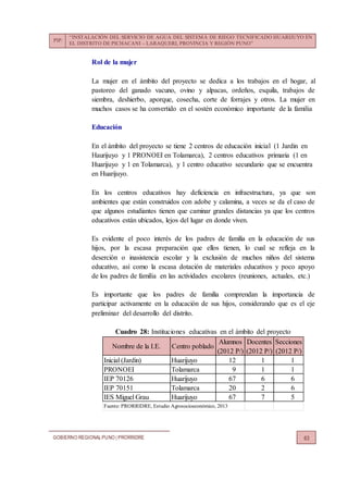 PIP:
“INSTALACIÓN DEL SERVICIO DE AGUA DEL SISTEMA DE RIEGO TECNIFICADO HUARIJUYO EN
EL DISTRITO DE PICHACANI – LARAQUERI, PROVINCIA Y REGIÓN PUNO”
GOBIERNO REGIONALPUNO | PRORRIDRE 63
Rol de la mujer
La mujer en el ámbito del proyecto se dedica a los trabajos en el hogar, al
pastoreo del ganado vacuno, ovino y alpacas, ordeños, esquila, trabajos de
siembra, deshierbo, aporque, cosecha, corte de forrajes y otros. La mujer en
muchos casos se ha convertido en el sostén económico importante de la familia
Educación
En el ámbito del proyecto se tiene 2 centros de educación inicial (1 Jardin en
Haurijuyo y 1 PRONOEI en Tolamarca), 2 centros educativos primaria (1 en
Huarijuyo y 1 en Tolamarca), y 1 centro educativo secundario que se encuentra
en Huarijuyo.
En los centros educativos hay deficiencia en infraestructura, ya que son
ambientes que están construidos con adobe y calamina, a veces se da el caso de
que algunos estudiantes tienen que caminar grandes distancias ya que los centros
educativos están ubicados, lejos del lugar en donde viven.
Es evidente el poco interés de los padres de familia en la educación de sus
hijos, por la escasa preparación que ellos tienen, lo cual se refleja en la
deserción o inasistencia escolar y la exclusión de muchos niños del sistema
educativo, así como la escasa dotación de materiales educativos y poco apoyo
de los padres de familia en las actividades escolares (reuniones, actuales, etc.)
Es importante que los padres de familia comprendan la importancia de
participar activamente en la educación de sus hijos, considerando que es el eje
preliminar del desarrollo del distrito.
Cuadro 28: Instituciones educativas en el ámbito del proyecto
Nombre de la I.E. Centro poblado
Alumnos
(2012 P/)
Docentes
(2012 P/)
Secciones
(2012 P/)
Inicial (Jardin) Huarijuyo 12 1 1
PRONOEI Tolamarca 9 1 1
IEP 70126 Huarijuyo 67 6 6
IEP 70151 Tolamarca 20 2 6
IES Miguel Grau Huarijuyo 67 7 5
Fuente: PRORRIDRE, Estudio Agrosocioeconómico, 2013
 