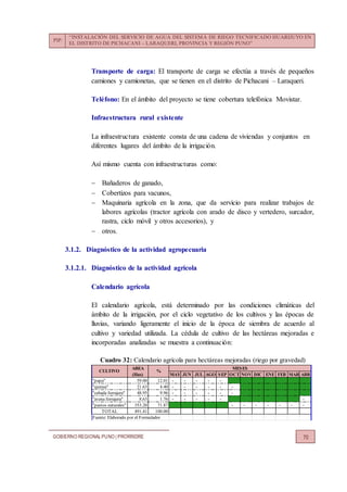PIP:
“INSTALACIÓN DEL SERVICIO DE AGUA DEL SISTEMA DE RIEGO TECNIFICADO HUARIJUYO EN
EL DISTRITO DE PICHACANI – LARAQUERI, PROVINCIA Y REGIÓN PUNO”
GOBIERNO REGIONALPUNO | PRORRIDRE 70
Transporte de carga: El transporte de carga se efectúa a través de pequeños
camiones y camionetas, que se tienen en el distrito de Pichacani – Laraqueri.
Teléfono: En el ámbito del proyecto se tiene cobertura telefónica Movistar.
Infraestructura rural existente
La infraestructura existente consta de una cadena de viviendas y conjuntos en
diferentes lugares del ámbito de la irrigación.
Así mismo cuenta con infraestructuras como:
 Bañaderos de ganado,
 Cobertizos para vacunos,
 Maquinaria agrícola en la zona, que da servicio para realizar trabajos de
labores agrícolas (tractor agrícola con arado de disco y vertedero, surcador,
rastra, ciclo móvil y otros accesorios), y
 otros.
3.1.2. Diagnóstico de la actividad agropecuaria
3.1.2.1. Diagnóstico de la actividad agrícola
Calendario agrícola
El calendario agrícola, está determinado por las condiciones climáticas del
ámbito de la irrigación, por el ciclo vegetativo de los cultivos y las épocas de
lluvias, variando ligeramente el inicio de la época de siembra de acuerdo al
cultivo y variedad utilizada. La cédula de cultivo de las hectáreas mejoradas e
incorporadas analizadas se muestra a continuación:
Cuadro 32: Calendario agrícola para hectáreas mejoradas (riego por gravedad)
AREA
(Has) MAY JUN JUL AGO SEP OCT NOV DIC ENE FEB MAR ABR
"papa" 59.00 12.01 - - - - -
"quinua" 21.63 4.40 - - - - - -
"cebada forrajera" 48.95 9.96 - - - - - -
"avena forrajera" 8.63 1.76 - - - - - -
"pastos naturales" 353.20 71.87 - - - - - - -
TOTAL 491.41 100.00
Fuente: Elaborado por el Formulador
MESES
CULTIVO %
 