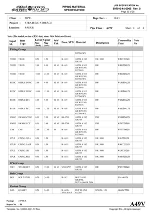 ISPRLClient :
STRATEGIC STORAGE
PADURLocation :
16/43Dept./Sect. :
Project :
PIPING MATERIAL
SPECIFICATION
Copyright EIL- All rights reserved
JOB SPECIFICATION No.
6979-6-44-0005 Rev. 0
Package : IPMCS
Report No. : 50
Template No. 5-0000-0001-T2 Rev.
Page 20 of 20
Sheet 4 of 4Pipe Class : A49V
Input
Id.
Item
Type
Lower
Size
Upper
Size
Sch/
Thk DescriptionMaterial
Commodity
Code
Note
No
Fitting Group
O'let Group
Bolt Group
Gasket Group
Dmn. STD
(Inch) (Inch)
TRED
TRED
TRED
REDC
REDC
REDE
REDE
SWGC
SWGE
CAP
CPLF
CPLH
CPLL
CPLR
WLT
BOS
GAS
T.RED
T.RED
T.RED
REDUC.CONC
REDUC.CONC
REDUC.ECC
REDUC.ECC
SWAGE.CONC
SWAGE.ECC
CAP
CPLNG.FULL
CPLNG.HALF
CPLNG.LH
CPLNG.RED
WELDOLET
BOLT.STUD
GASKET
0.50
2.00
10.00
2.00
10.00
2.00
10.00
0.50
0.50
2.00
0.50
0.50
0.50
0.50
0.50
0.50
0.50
1.50
8.00
24.00
8.00
12.00
8.00
12.00
3.00
3.00
12.00
1.50
1.50
1.50
1.50
12.00
24.00
24.00
M, M
M, M
M, M
M, M
M, M
M, M
M, M
M, M
M
M, M
SW, 3000
BW
BW
BW
BW
BW
BW
PBE
PBE
BW
SW, 3000
SW, 3000
SW, 3000
SW, 3000
BW
SPIRAL, 150
S32760-WX
ASTM A 182
GR.F55
ASTM A 815
GR.WP UNS
S32760-S
ASTM A 815
GR.WP UNS
S32760-WX
ASTM A 815
GR.WP UNS
S32760-S
ASTM A 815
GR.WP UNS
S32760-WX
ASTM A 815
GR.WP UNS
S32760-S
ASTM A 815
GR.WP UNS
S32760-WX
ASTM A 182
GR.F55
ASTM A 182
GR.F55
ASTM A 815
GR.WP UNS
S32760-S
ASTM A 182
GR.F55
ASTM A 182
GR.F55
ASTM A 182
GR.F55
ASTM A 182
GR.F55
ASTM A 182
GR.F55
BOLT:A193
GR.B7M,
NUT:A194 GR.2HM
DUP SS UNS
S32205
WR6T2D2Z0
WRGT34ZZ0
WRGT44ZZ0
WUGT34ZZ0
WUGT44ZZ0
WVGT34ZZ0
WVGT44ZZ0
WNHT26ZZ0
WPHT26ZZ0
WFGT34ZZ0
WJ6T2D2Z0
WK6T2D2Z0
WL6T2D2Z0
WM6T2D2Z0
YWST24ZZ0
BS43405Z0
GK6AC72Z0
B-16.11
B-16.9
B-16.9
B-16.9
B-16.9
B-16.9
B-16.9
BS-3799
BS-3799
B-16.9
B-16.11
B-16.11
B-16.11
B-16.11
MSS-SP97
B-18.2
B-16.20-
ANSI B16.5
Note :(The shaded portion of PMS body shows Field Fabricated Items)
A49V
 