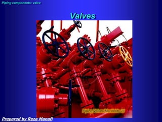 Valves
Piping components: valve
Prepared by Reza Manafi
 