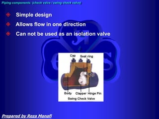  Simple design
 Allows flow in one direction
 Can not be used as an isolation valve
Piping components: (check valve / swing check valve)
Prepared by Reza Manafi
 