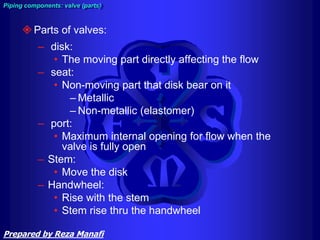Parts of valves:
– disk:
• The moving part directly affecting the flow
– seat:
• Non-moving part that disk bear on it
– Metallic
– Non-metallic (elastomer)
– port:
• Maximum internal opening for flow when the
valve is fully open
– Stem:
• Move the disk
– Handwheel:
• Rise with the stem
• Stem rise thru the handwheel
Piping components: valve (parts)
Prepared by Reza Manafi
 