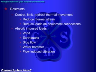  Restraints
– Control, limit, redirect thermal movement
• Reduce thermal stress
• Reduce loads on equipment connections
– Absorb imposed loads
• Wind
• Earthquake
• Slug flow
• Water hammer
• Flow induced-vibration
Piping components: pipe supports and restraints
Prepared by Reza Manafi
 