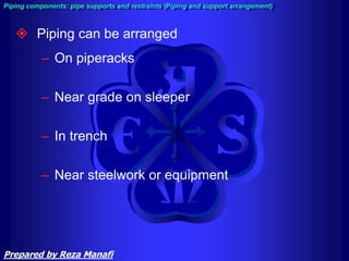  Piping can be arranged
– On piperacks
– Near grade on sleeper
– In trench
– Near steelwork or equipment
Piping components: pipe supports and restraints (Piping and support arrangement)
Prepared by Reza Manafi
 