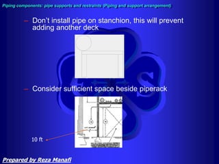 – Don’t install pipe on stanchion, this will prevent
adding another deck
– Consider sufficient space beside piperack
Piping components: pipe supports and restraints (Piping and support arrangement)
10 ft
Prepared by Reza Manafi
 