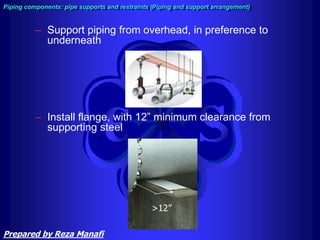 – Support piping from overhead, in preference to
underneath
– Install flange, with 12” minimum clearance from
supporting steel
>12”
Piping components: pipe supports and restraints (Piping and support arrangement)
Prepared by Reza Manafi
 