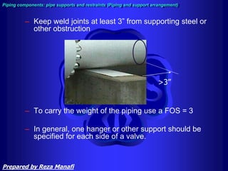 – Keep weld joints at least 3” from supporting steel or
other obstruction
– To carry the weight of the piping use a FOS = 3
– In general, one hanger or other support should be
specified for each side of a valve.
Piping components: pipe supports and restraints (Piping and support arrangement)
>3”
Prepared by Reza Manafi
 