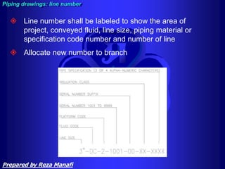  Line number shall be labeled to show the area of
project, conveyed fluid, line size, piping material or
specification code number and number of line
 Allocate new number to branch
Piping drawings: line number
Prepared by Reza Manafi
 