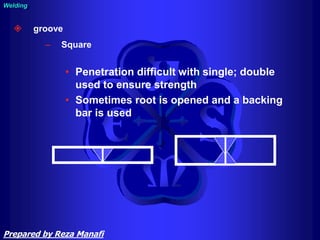  groove
– Square
• Penetration difficult with single; double
used to ensure strength
• Sometimes root is opened and a backing
bar is used
Welding
Prepared by Reza Manafi
 