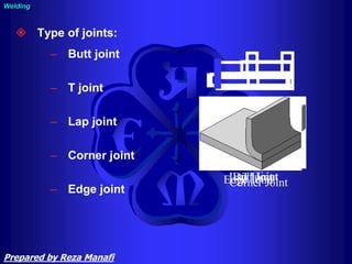  Type of joints:
– Butt joint
– T joint
– Lap joint
– Corner joint
– Edge joint
Welding
Butt Joint
‘T’ Joint
Lap Joint
Corner Joint
Edge Joint
Prepared by Reza Manafi
 