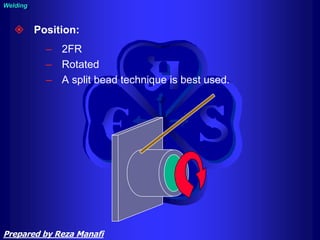  Position:
– 2FR
– Rotated
– A split bead technique is best used.
Welding
Prepared by Reza Manafi
 