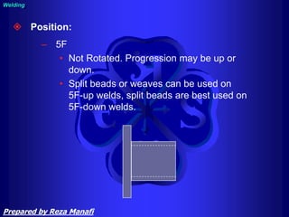  Position:
– 5F
• Not Rotated. Progression may be up or
down.
• Split beads or weaves can be used on
5F-up welds, split beads are best used on
5F-down welds.
Welding
Prepared by Reza Manafi
 