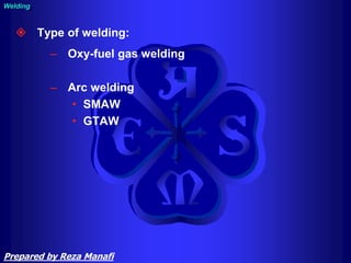  Type of welding:
– Oxy-fuel gas welding
– Arc welding
• SMAW
• GTAW
Welding
Prepared by Reza Manafi
 