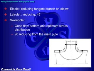  Elbolet: reducing tangent branch on elbow
 Latrolet : reducing, 45
 Sweepolet
– Good flow pattern and optimum stress
distribution
– 90 reducing from the main pipe
Piping components: Fitting (butt-weld)
Prepared by Reza Manafi
 