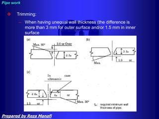  Trimming:
– When having unequal wall thickness (the difference is
more than 3 mm for outer surface and/or 1.5 mm in inner
surface
Pipe work
Prepared by Reza Manafi
 