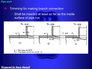  Trimming for making branch connection
– Shall be inserted at least as far as the inside
surface of pipe run
Pipe work
Prepared by Reza Manafi
 