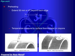  Preheating:
– Extend 50 mm or 4T beyond each edge
– Temperature measure by surface thermometer or crayons
Pipe work
Prepared by Reza Manafi
 