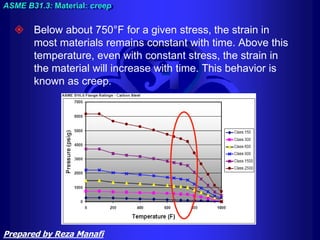  Below about 750°F for a given stress, the strain in
most materials remains constant with time. Above this
temperature, even with constant stress, the strain in
the material will increase with time. This behavior is
known as creep.
ASME B31.3: Material: creep
Prepared by Reza Manafi
 