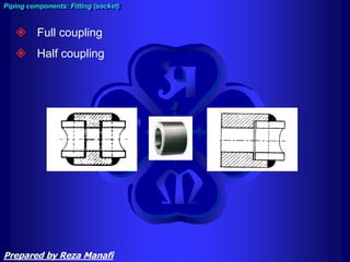  Full coupling
 Half coupling
Piping components: Fitting (socket)
Prepared by Reza Manafi
 