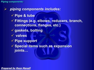 Piping components:
 piping components includes:
 Pipe & tube
 Fittings (e.g. elbows, reducers, branch,
connections, flanges, etc.)
 gaskets, bolting
 valves
 Pipe support
 Special items such as expansion
joints…
Prepared by Reza Manafi
 
