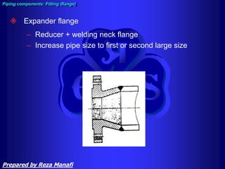  Expander flange
– Reducer + welding neck flange
– Increase pipe size to first or second large size
Piping components: Fitting (flange)
Prepared by Reza Manafi
 