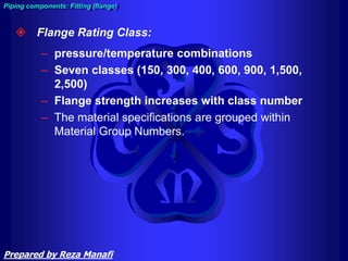  Flange Rating Class:
– pressure/temperature combinations
– Seven classes (150, 300, 400, 600, 900, 1,500,
2,500)
– Flange strength increases with class number
– The material specifications are grouped within
Material Group Numbers.
Piping components: Fitting (flange)
Prepared by Reza Manafi
 