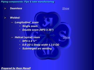  Seamless Show
 Welded:
─ Longitudinal seam
• Single seam
• Double seam (NPS ≥ 36”)
─ Helical (spiral) seam Show
• NPS ≥ 4 ½”
• 0.8 OD ≤ Skelp width ≤ 3.0 OD
• Submerged arc welding
Piping components: Pipe & tube manufacturing
Prepared by Reza Manafi
 